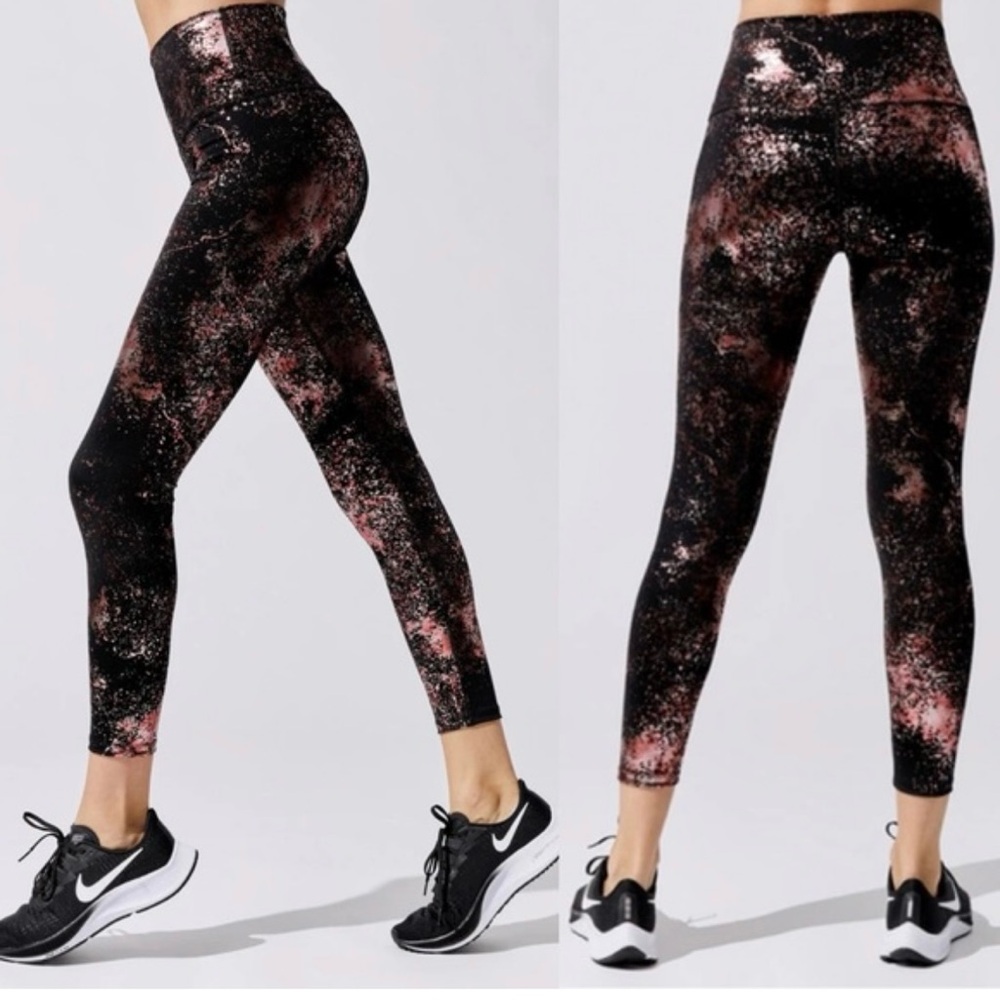 Carbon38 Art Foil High Rise Leggings Sz S and Sports Bra XS Rose Gold Metallic